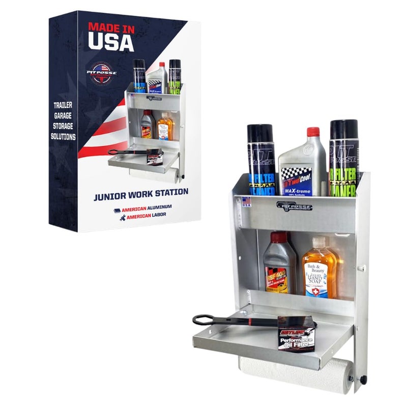 Pit Posse 458 Jr Work Station Storage Cabinet Shelf Rack Holder Caddy - Made in USA - Garage Enclosed Race Trailer Automotive Mechanics Shop Storage Organizer Aluminum (Silver) - Image 1